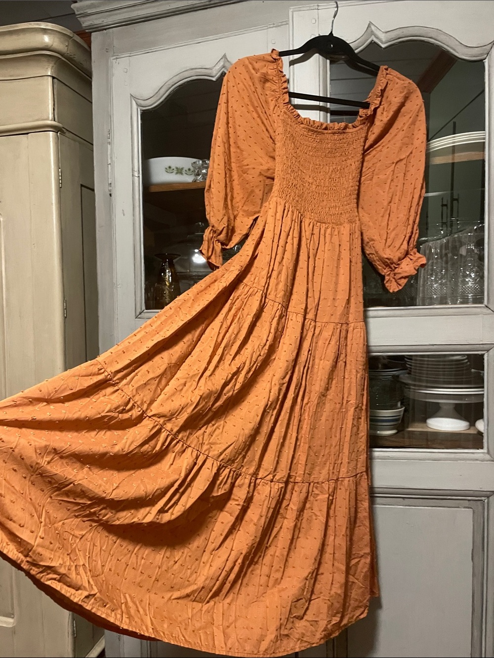 Smocked Square-Neck Midi Dress in Rust - Picture 5 of 5